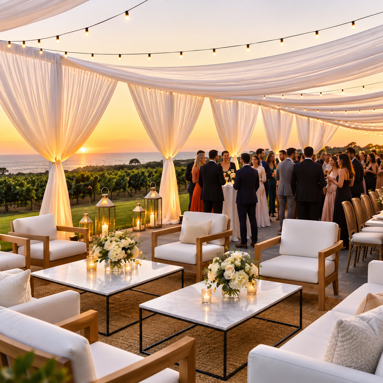Luxury outdoor evening event with draped canopy, lounge seating, and sunset vineyard views