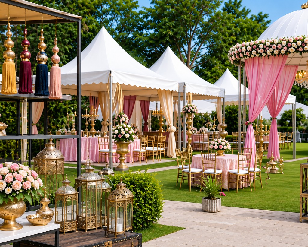 Luxurious outdoor wedding garden setup with white tents, pink fabric drapes, and golden lanterns